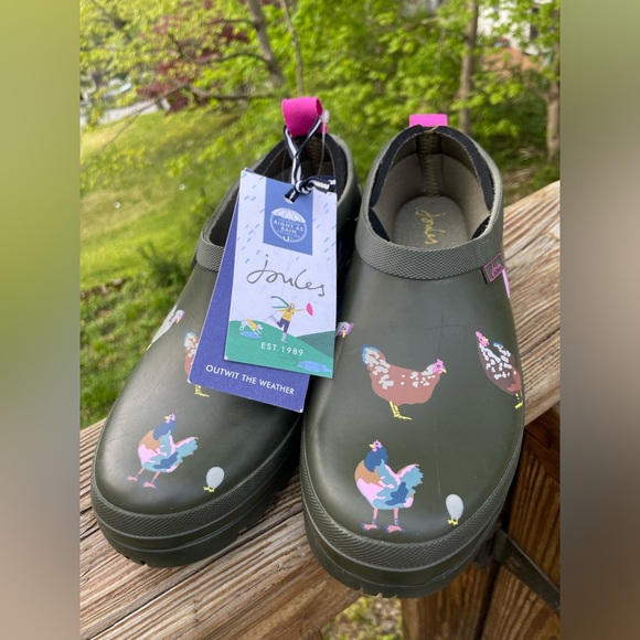 Joules Slip On Welly Clogs Pop On Khaki Chicken Print - Picture 2 of 4